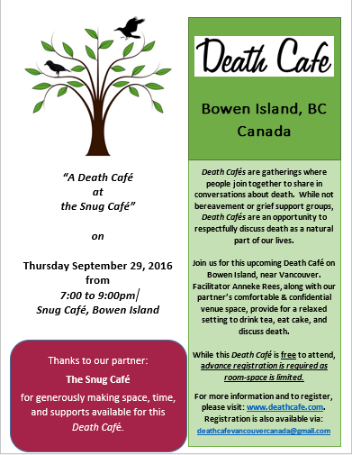 'A Death Cafe at The Snug Cafe' on Bowen Island at Snug Cove