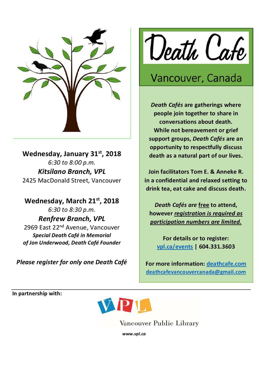 A Death Cafe in honour of founder, Jon Underwood - Vancouver Canada - Renfrew Branch VPL